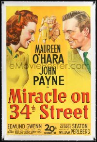 1h1219 MIRACLE ON 34th STREET linen 1sh 1947 art of Gwenn, Natalie Wood, Maureen O'Hara & Payne!