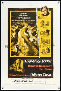 1h1221 MOBY DICK linen 1sh 1956 John Huston, great art of Gregory Peck & the giant whale!