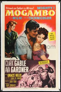1h1224 MOGAMBO linen 1sh 1953 Clark Gable, Grace Kelly & Ava Gardner in Africa, cool art of gorilla!