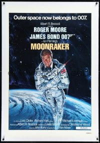 1h1227 MOONRAKER linen int'l 1sh 1979 art of Roger Moore as Bond in space by Daniel Goozee!
