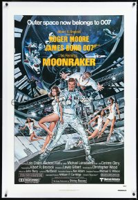 1h1229 MOONRAKER linen 1sh 1979 Goozee art of Roger Moore as James Bond, Kiel as Jaws & sexy ladies!
