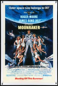 1h1228 MOONRAKER linen advance 1sh 1979 Goozee art of Moore & Bond Girls, blasting off this summer!