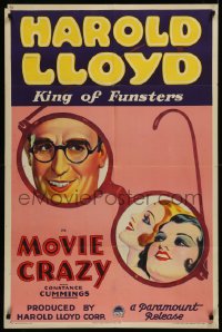 1h0276 MOVIE CRAZY 1sh 1932 different art of Harold Lloyd & sexy girls in his glasses, ultra rare!