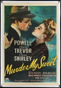 1h1236 MURDER, MY SWEET signed linen 1sh 1944 by Claire Trevor, w/ Dick Powell, Raymond Chandler
