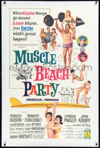 1h1237 MUSCLE BEACH PARTY linen 1sh 1964 Frankie & Annette Funicello, 10,000 biceps & 5,000 bikinis!