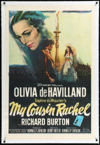 1h1239 MY COUSIN RACHEL linen 1sh 1953 striking artwork of pretty Olivia de Havilland & Richard Burton!