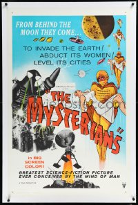 1h1240 MYSTERIANS linen 1sh 1959 they're abducting Earth's women & leveling its cities, RKO printing!