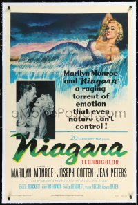 1h1246 NIAGARA linen 1sh 1953 classic art of giant sexy Marilyn Monroe on famous waterfall + photo!