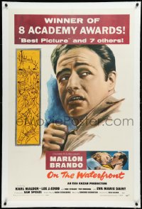 1h1255 ON THE WATERFRONT linen 1sh R1959 directed by Elia Kazan, classic image of Marlon Brando!