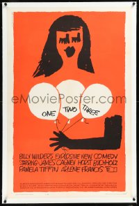 1h1258 ONE, TWO, THREE linen 1sh 1962 Billy Wilder, wonderful Saul Bass art of girl with balloons!