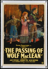 1h1268 PASSING OF WOLF MACLEAN linen 1sh 1924 art of cowboy Jack Meehan with guns, woman & boy!