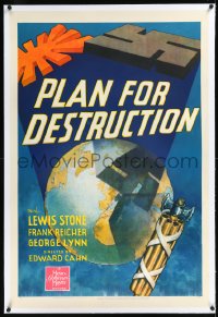 1h1276 PLAN FOR DESTRUCTION linen 1sh 1943 art of swastika casting shadow over Earth, ultra rare!