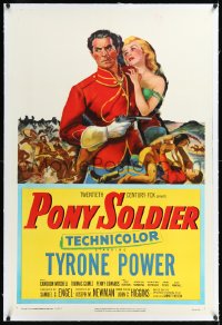 1h1278 PONY SOLDIER linen 1sh 1952 art of Royal Canadian Mountie Tyrone Power & Penny Edwards!