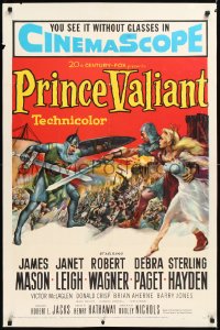 1h0414 PRINCE VALIANT 1sh 1954 great art of Robert Wagner w/ sword & armor saving sexy Janet Leigh!