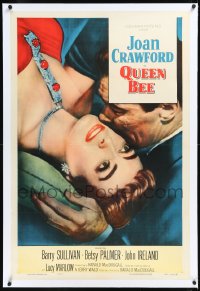 1h1283 QUEEN BEE linen style B 1sh 1955 c/u of sexy Joan Crawford being kissed by Barry Sullivan!