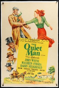 1h1284 QUIET MAN linen 1sh R1956 great art of John Wayne & Maureen O'Hara, John Ford classic, rare!