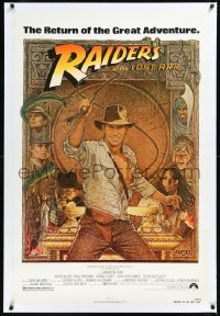 1h1288 RAIDERS OF THE LOST ARK linen 1sh R1982 great Richard Amsel art of adventurer Harrison Ford!