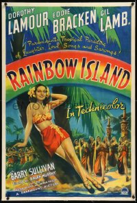 1h1289 RAINBOW ISLAND linen 1sh 1944 art of super sexy Dorothy Lamour wearing sarong by palm tree!