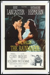 1h1290 RAINMAKER linen 1sh 1956 great close up of Burt Lancaster & Katharine Hepburn, William Inge!