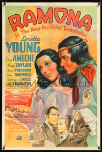 1h1291 RAMONA linen 1sh 1936 art of beautiful Loretta Young & Native American Don Ameche, ultra rare!