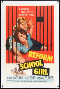 1h1297 REFORM SCHOOL GIRL linen 1sh 1957 classic AIP bad girl catfight behind prison cell bars art!