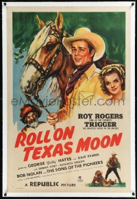 1h1310 ROLL ON TEXAS MOON linen 1sh 1946 art of Roy Rogers with Trigger, Dale Evans & Gabby Hayes!