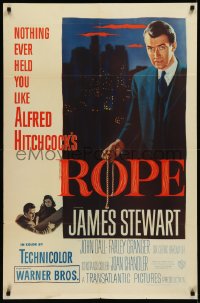 1h0282 ROPE 1sh 1948 great image of James Stewart holding the rope, Alfred Hitchcock classic!