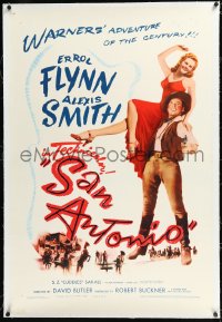 1h1318 SAN ANTONIO linen 1sh 1945 great full-length image of Alexis Smith on Errol Flynn's shoulder!