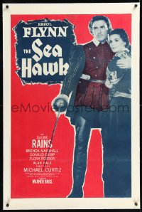 1h1325 SEA HAWK linen 1sh R1947 huge c/u of Errol Flynn & Brenda Marshall, Michael Curtiz, very rare!