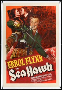 1h1326 SEA HAWK linen 1sh 1940 Michael Curtiz, great art of Errol Flynn, Brenda Marshall, very rare!