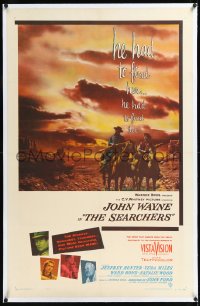 1h1327 SEARCHERS linen 1sh 1956 classic art of John Wayne & Hunter in Monument Valley, Ford, rare!