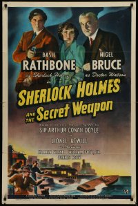 1h0284 SHERLOCK HOLMES & THE SECRET WEAPON 1sh 1942 detectives Basil Rathbone & Nigel Bruce, rare!