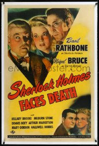 1h1334 SHERLOCK HOLMES FACES DEATH linen 1sh 1943 detective Basil Rathbone & Nigel Bruce as Watson!