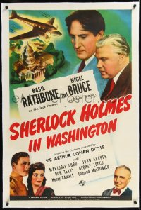 1h1335 SHERLOCK HOLMES IN WASHINGTON linen 1sh 1942 Basil Rathbone & Nigel Bruce in D.C., very rare!