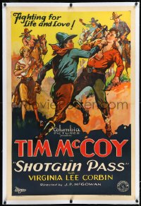 1h1337 SHOTGUN PASS linen 1sh 1931 great art western cowboy Tim McCoy punching bad guy, ultra-rare!