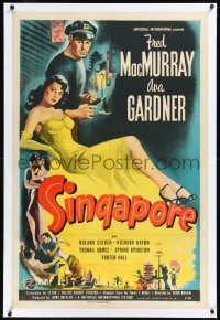 1h1339 SINGAPORE linen 1sh 1947 art of sexy full-length Ava Gardner + seaman Fred MacMurray with gun!