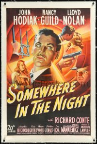 1h1348 SOMEWHERE IN THE NIGHT linen 1sh 1946 John Hodiak, Nancy Guild, cool film noir art montage!