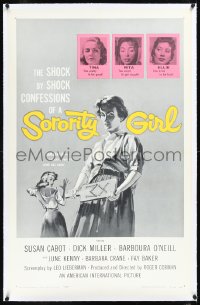 1h1351 SORORITY GIRL linen 1sh 1957 AIP, the shock by shock confessions of a bad girl, great art!