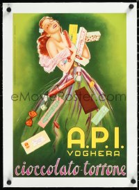 1h0714 A.P.I. VOGHERA CIOCCOLATO-TORRONE linen 14x19 Italian advertising poster 1955 woman w/candy!