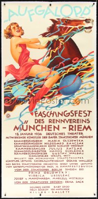 1h0038 AUFGALOPP FASCHINGSFEST DES RENNVEREINS linen 34x70 German special poster 1936 Strube art, rare!
