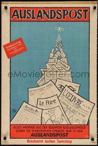 1h0578 AUSLANDSPOST 19x29 German advertising poster 1920 Kid art of bi-plane dropping newspapers!