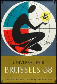 1h0593 EXPO 58 32x47 Belgian special poster 1958 Jacques Richez art of figure in globe, ultra rare!