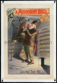 1h0662 HOYT'S A MIDNIGHT BELL linen 20x30 stage poster 1889 art of bellringer drinking to keep warm!
