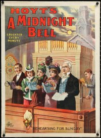 1h0661 HOYT'S A MIDNIGHT BELL linen 21x29 stage poster 1889 cool art of church choir singing by organ!