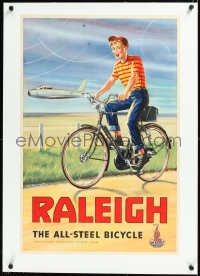 1h0720 RALEIGH BICYCLE COMPANY linen 20x30 English advertising poster 1950s All-Steel Bicycle, rare!
