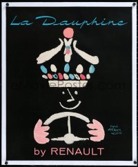 1h0721 RENAULT linen 24x30 French advertising poster 1950s art of smiling man w/crown driving car!