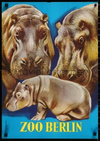1h0551 ZOO BERLIN 16x23 German special poster 1950s wonderful art of baby hippo with adults, rare!