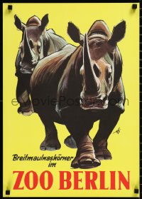 1h0552 ZOO BERLIN 17x24 German special poster 1950s wonderful art of two rhinoceroses, ultra rare!