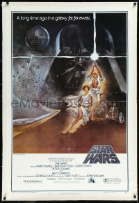1h1356 STAR WARS linen second printing 1sh 1977 A New Hope, Jung art of Darth Vader over Luke & Leia!