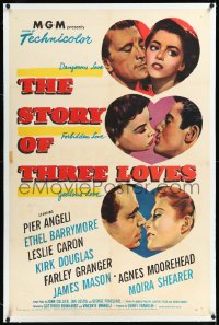 1h1362 STORY OF THREE LOVES linen 1sh 1953 Kirk Douglas, Pier Angeli, Leslie Caron, Granger, Mason